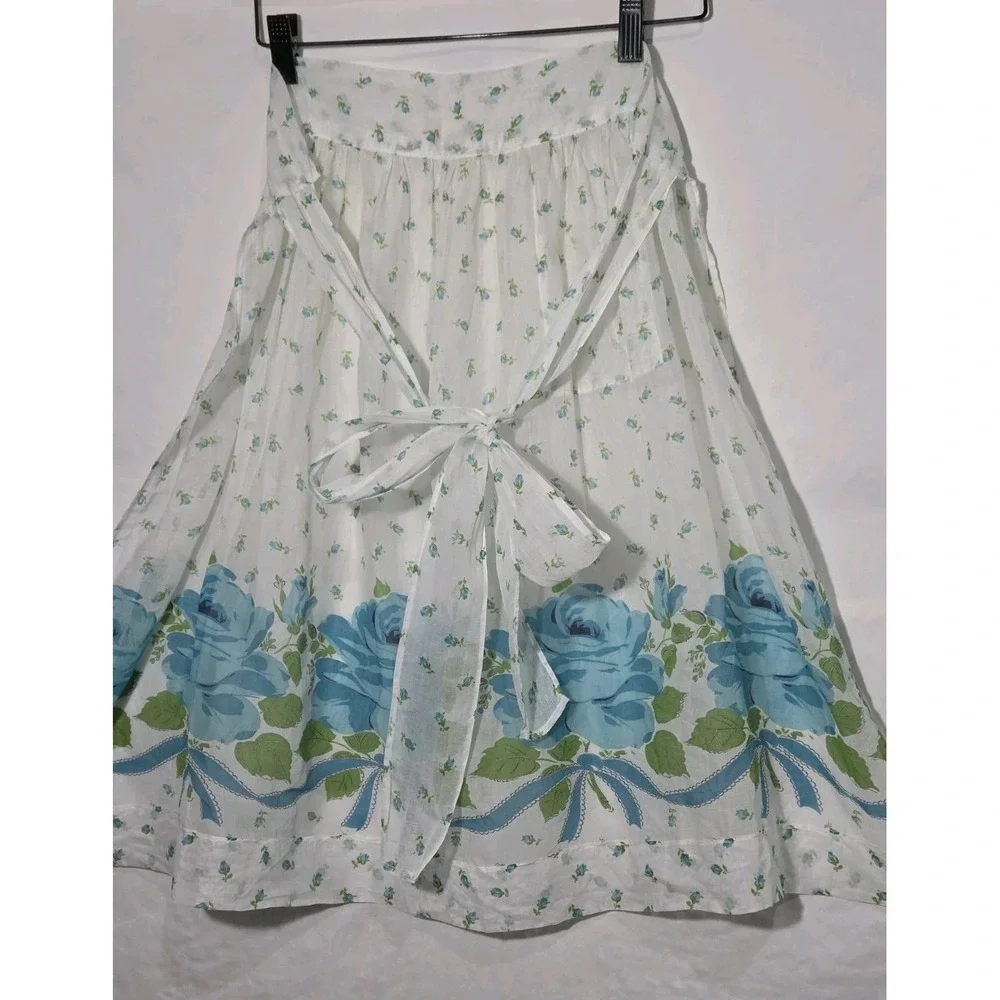 Vintage Floral Half Apron Womens OS White Blue Rose Border Print Cotton Gauze‎